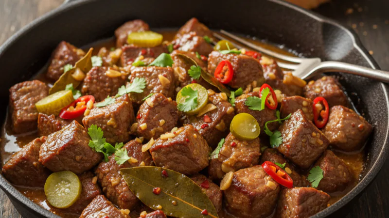 Pica-pau de Carne Tradicional com Molho de Cerveja e Pickles